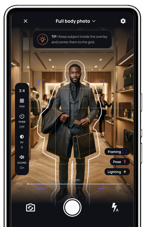 SnapCoach's live camera guide overlay, coaching a shot in a boutique store