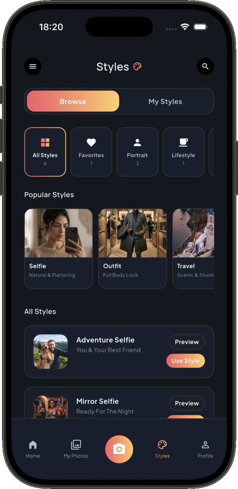 SnapCoach styles browsing screen